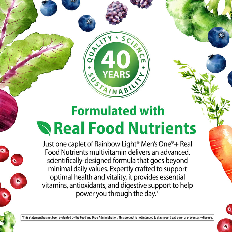 Rainbow Light Mens Multivitamin One + | 30 Caplets | Real Food Nutrients, Digestive Enzymes & Probiotics | Real Food Nutrients, Digestive Enzymes & Probiotics Men's One 30 Count (Pack of 1)