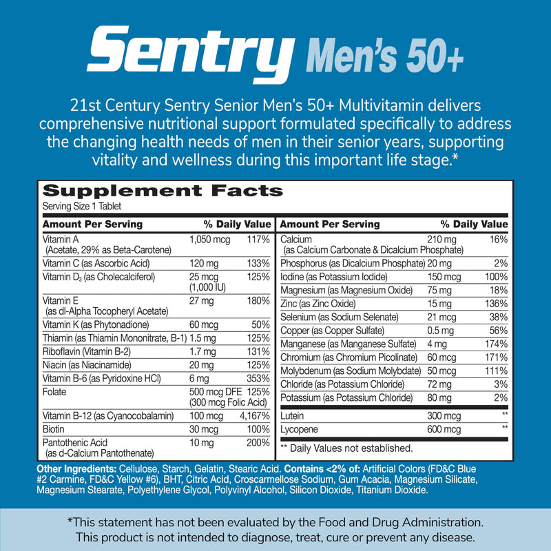21st Century Sentry Senior Men 50+ Multivitamin Tablets, 100 Count | Complete Daily Multivitamin & Multimineral, Compare VS. Centrum® SILVER Men 50+, Men 50 Plus, Supports Heart 100 Count (Pack of 1)