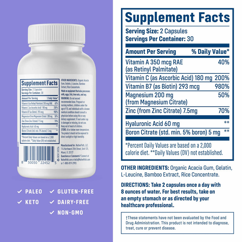 NativePath Collagen Care+, 5 Vitamin Blend with Hyaluronic Acid and Boron that Supports Collagen for Men and Women, 60 Capsules (Pack of 2) 60 Count (Pack of 2)