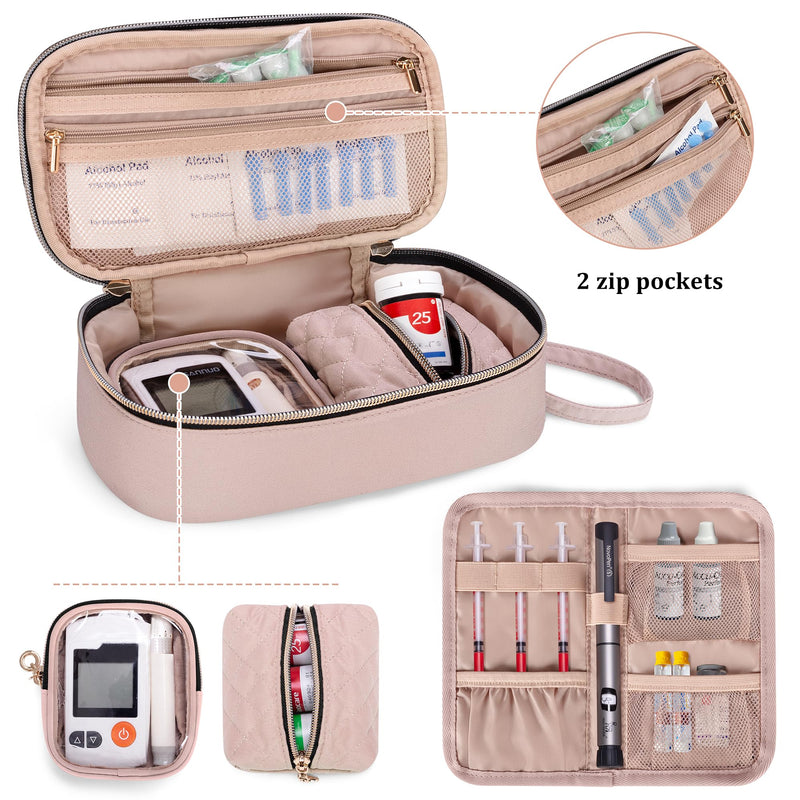 Yarwo Diabetic Travel Case for Blood Glucose Monitor, Test Strips, Syringes Dusty Rose