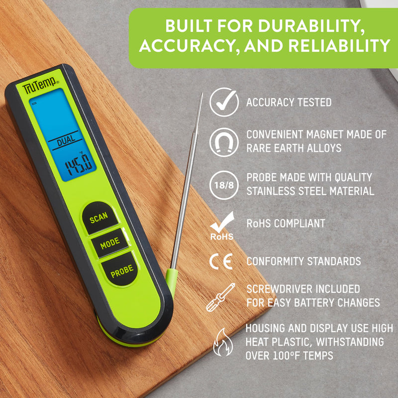 Taylor TruTemp Dual Instant Read Infrared Meat and Food Thermometer, Digital for Cooking, IPX5 Splash Proof Design, Plus Meat Probe for BBQ, Kitchen, Smoker, and Grilling, Green - BeesActive Australia
