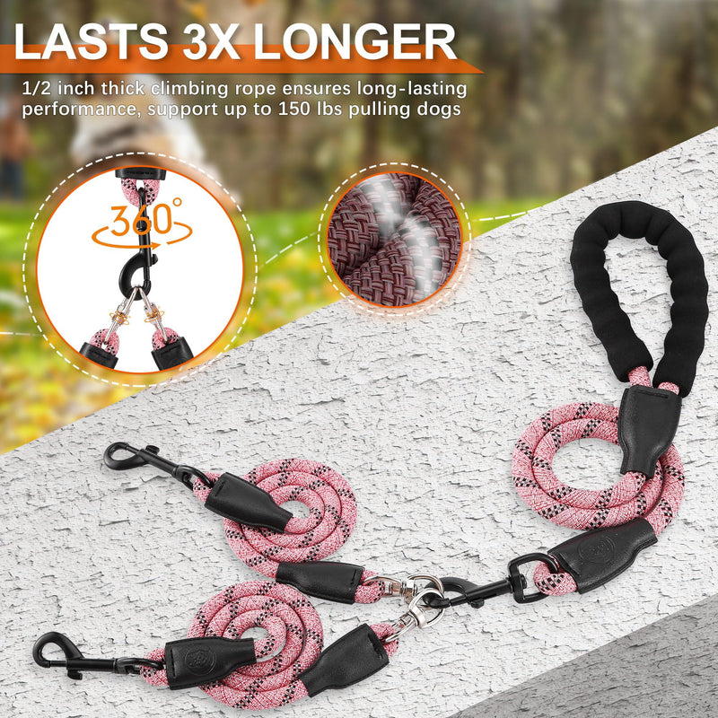 Double Dog Leash, Dual Dog Leash, 360° Swivel No Tangle Walking Training Two Dog Leash, Comfortable Shock Absorbing Climbing Reflective Leash for Small Medium and Large Dogs - Pink, Small/8-45 ibs S/8-45 ibs - BeesActive Australia