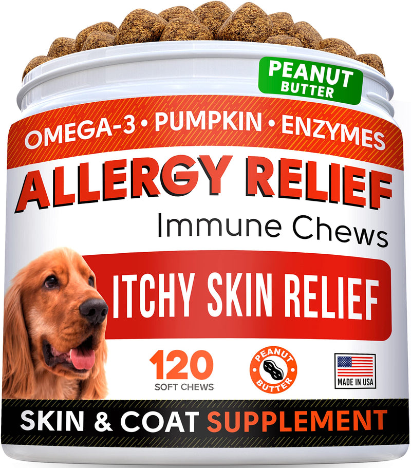 Allergy Relief Treats + Pumpkin for Dogs Bundle - Itchy Skin Relief + Upset Stomach - Omega 3 + Enzymes + Turmeric + Pure Pumpkin Powder - Skin & Coat Health + Digestion - 120ct + 8.1oz - Made in USA