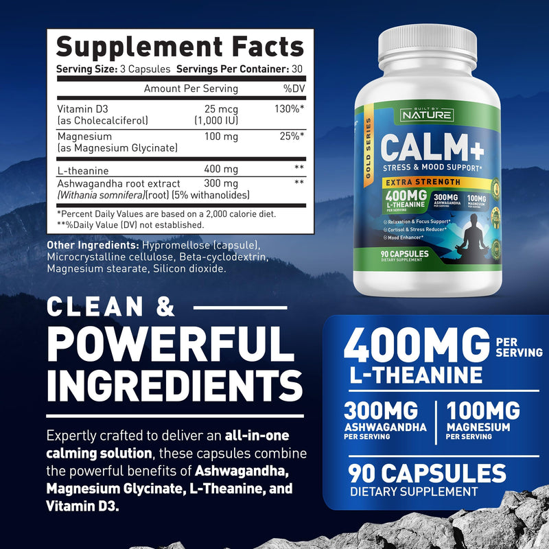 Built by Nature Calm+ Relaxation & Focus Supplement, 90 Capsules Stress, Cortisol & Mood Support, L-Theanine, Ashwagandha, Magnesium Glycinate, Vitamin D3