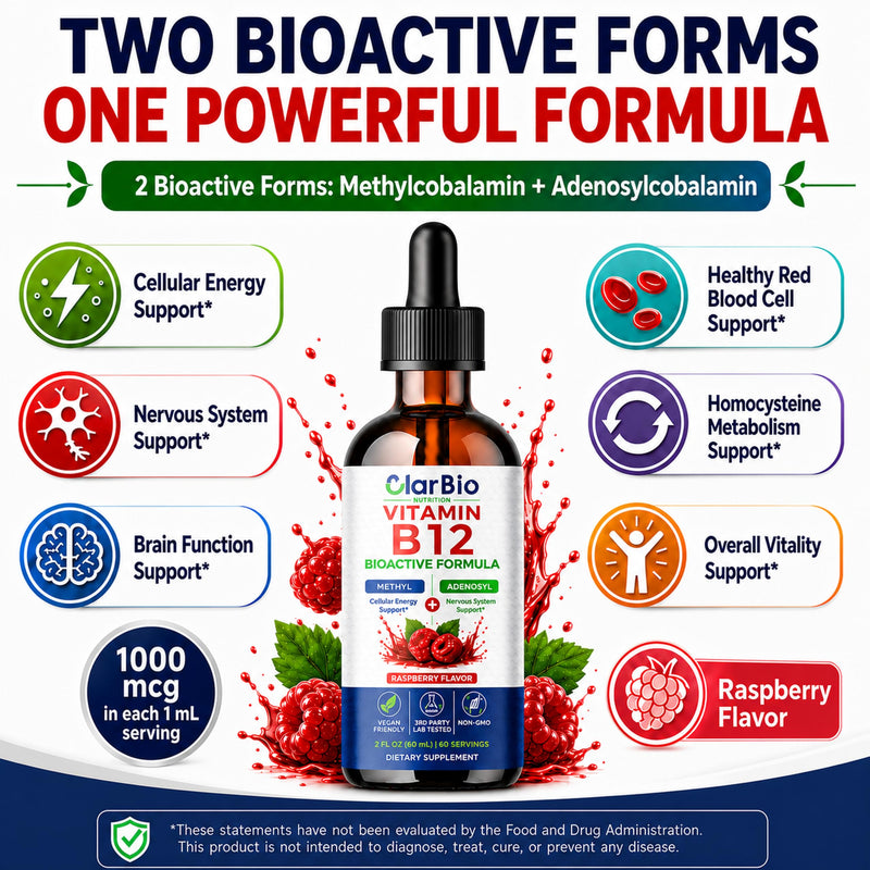 Vitamin B12 1000 mcg Sublingual Liquid Drops | Methylcobalamin & Adenosylcobalamin | B12 Complex | Vegan Liquid B12 Supplement