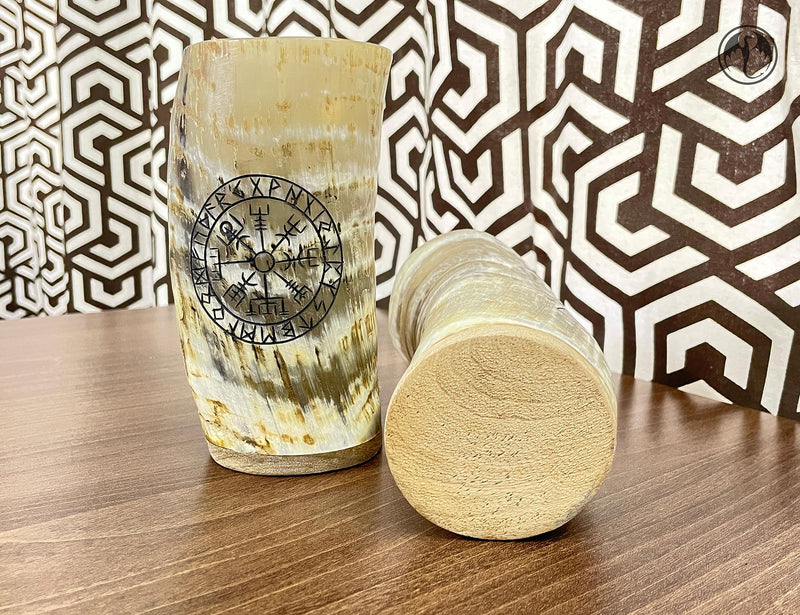 Viking Drinking Horn Cups Set of 2 with Bottle Opener | 8oz Handcrafted Natural Ox Horn Tumblers | Engraved Compass & Valknut | Food Safe | Viking Chirstmas Gifts for Men&Women - BeesActive Australia
