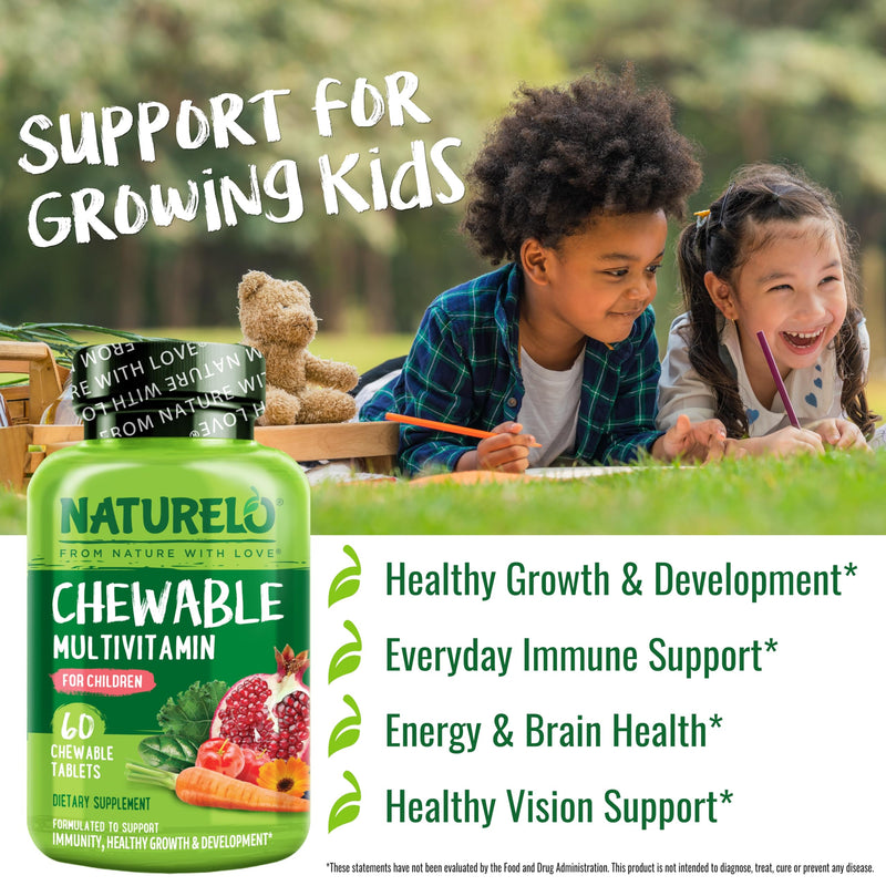 NATURELO Kids Vitamins Multivitamin, Whole Food Organic Fruit Blend, 60 ct | Chewable Vitamin for Kids 60 Count (Pack of 1)