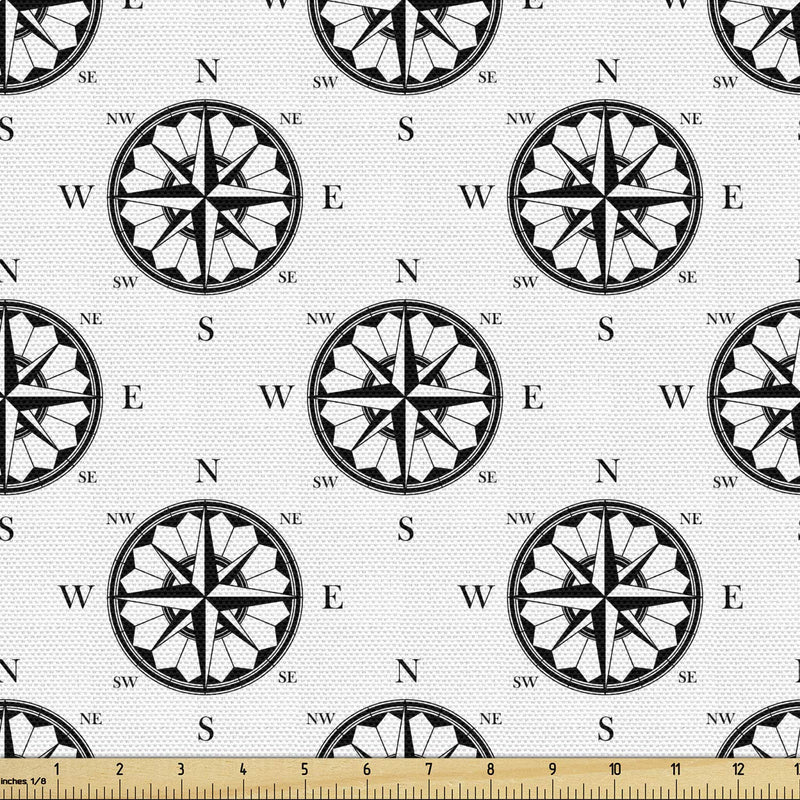 Lunarable Compass Fabric by The Yard, Ornate Compass Directions Pattern in Retro Monochrome Style Art Print, Decorative Fabric for Upholstery and Home Accents, 2 Yards, Ecru Black Upholstery Fabric 2 yards - BeesActive Australia