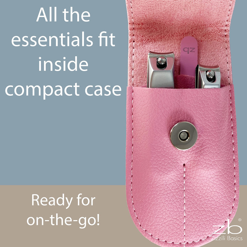Nail Clippers by Zizzili Basics - 3 Piece Nail Clipper Set - Stainless Steel Fingernail & Toenail Clippers with Nail File & Bonus Pink Carry Case - Best Nail Care for Manicure, Pedicure, Home & Travel 3 Piece Set Pink Case
