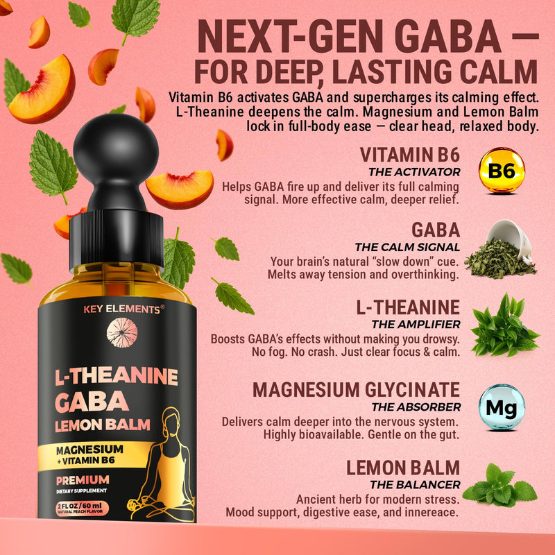 L Theanine and GABA Supplements with Lemon Balm Extract & Magnesium | L-Theanine and Magnesium with B6 | Liquid GABA L Theanine Supplements | Stress Relief & Relaxation GABA Drops