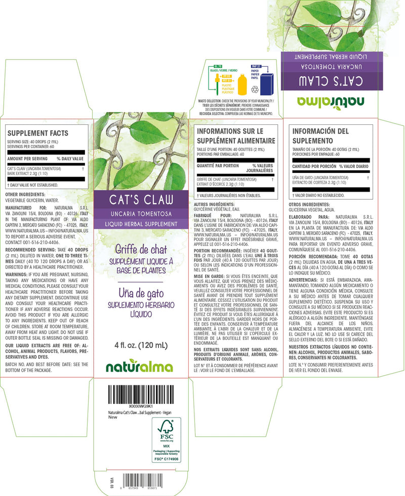 Naturalma Cat's Claw (Uncaria tomentosa) bark Alcohol-Free Tincture - 4 fl oz Liquid Extract in Drops - Herbal Supplement - Vegan 4 Fl Oz (Pack of 1) - BeesActive Australia