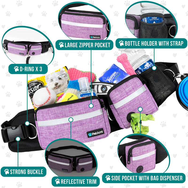 PetAmi Hands Free Dog Leash, Running Leash Belt Bag for Walking, Jogging, Waist Double Zipper Pouch with Poop Dispenser, Dual Padded Handles Reflective Bungee Single, Purple, 1 Leash - BeesActive Australia