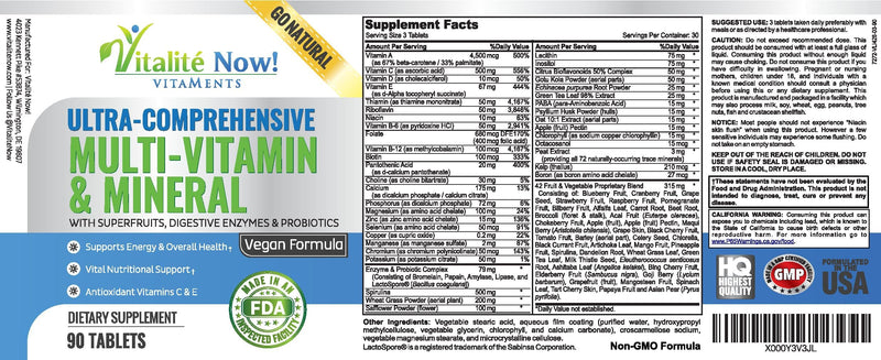 Vegan Whole Food Multivitamin & Mineral - Vitamins A B1 B2 B6 B12 C D3 E | 110 Super Foods, Herbs, Greens & Reds - Enzymes & Probiotics for Immune Support - Energy Boost - 90 Tablets