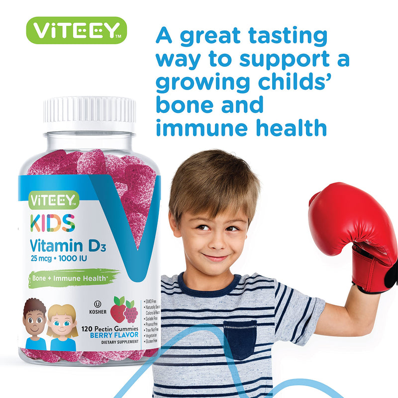 Viteey Vitamin D3 Kids Gummies 25mcg 1000 IU -Tasty Chewable Berry Flavored | Bone Health, Immune Health, Joint Muscle Support - Vegetarian, Gelatin Free, Gluten Free, GMO Free - 120 Count 120 Count (Pack of 1)