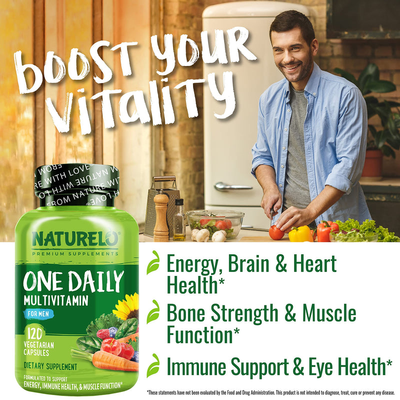 NATURELO Mens Multivitamins - One Daily Multivitamin for Men with Vitamins, Minerals & Organic Whole Foods, Boost Energy & Health, Non-GMO, 120 Vegetarian Capsules 120 Count (Pack of 1)