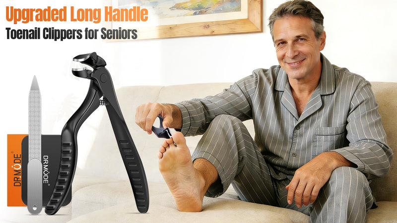 DRMODE Toenail Clippers for Seniors, Extra Long Handled Angled Head Black Extra Large