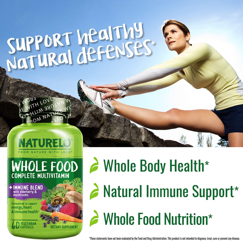 NATURELO Whole Food Multivitamin + Immune Blend with Elderberry & Mushrooms - Complete Multivitamin with Extra Immune Support - C, D3, Zinc, Elderberry, Reishi, Shitake - 60 Vegan Capsules 60 Count (Pack of 1)