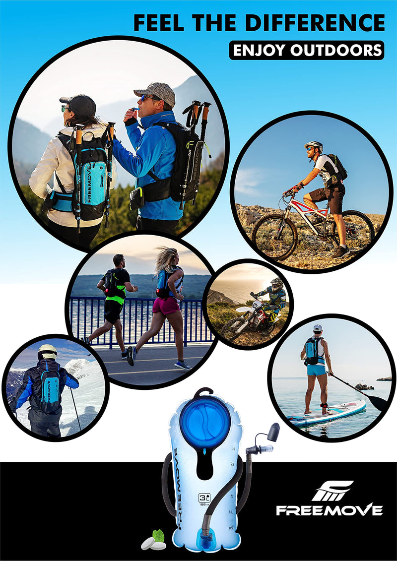 FREEMOVE Hydration Bladder 2L / 3L Water Bladder for Hiking Backpack >Blue or Green< Leak Proof Hydration Pack, Tasteless & BPA Free, TPU Water Reservoir, Quick Release Insulated Tube & Shutoff Valve 3L Bladder BLUE
