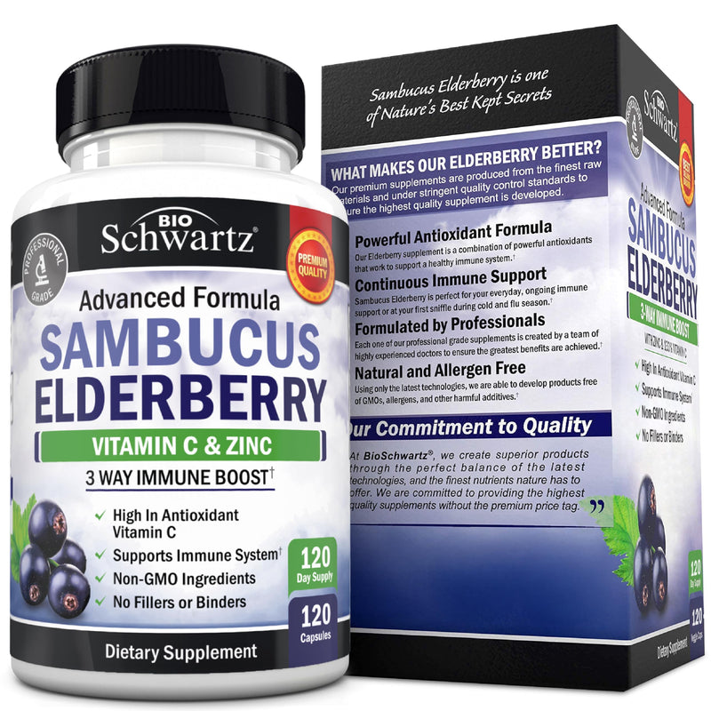 Elderberry Capsules with Zinc and Vitamin C for Adults, 120 Count | Immune Support Supplement for Women and Men, Black Sambucus Elderberry with Vitamin C and Zinc, Immune Defense Multiminerals 120 Count (Pack of 1)