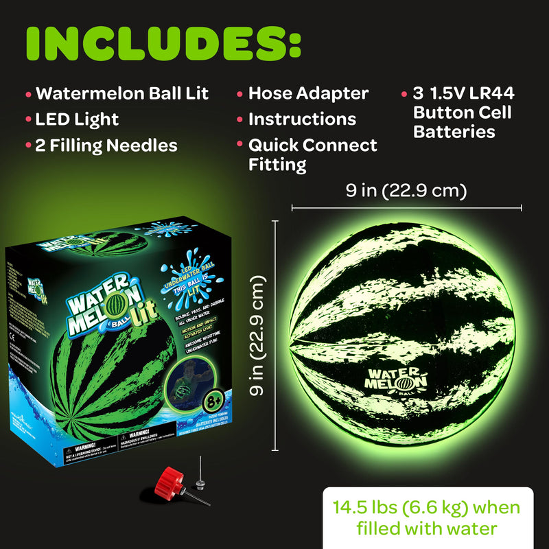 Watermelon Ball Lit - Glow in The Dark Pool Toy for Kids Ages 8-12, Teens, Adults - 9 Inch Swimming Pool Game for Family Fun 9" 9" Green LED Light-Up - BeesActive Australia