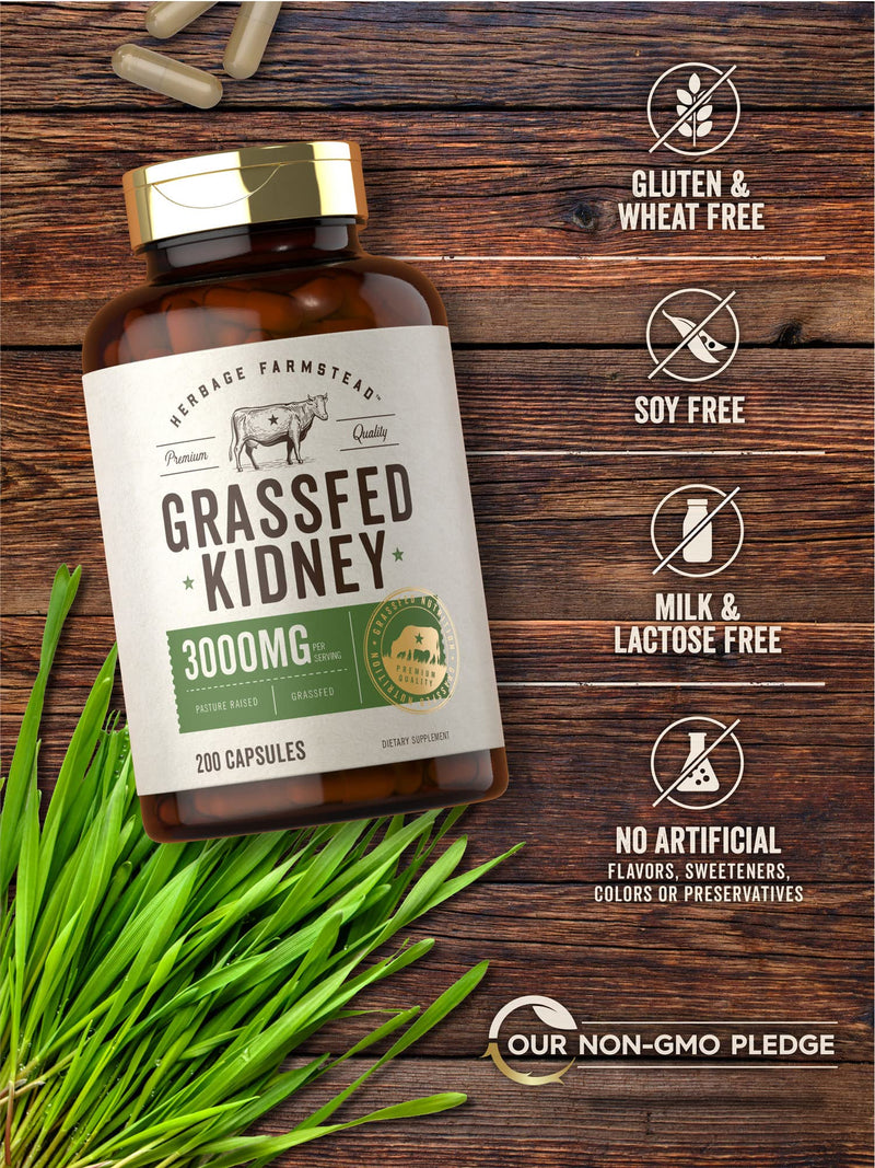 Carlyle Grass Fed Beef Kidney Supplement | 200 Capsules | 3000mg | Pasture Raised Desiccated Bovine Supplement | Hormone and Pesticide Free | Non-GMO, Gluten Free | by Herbage Farmstead 200 Count (Pack of 1)