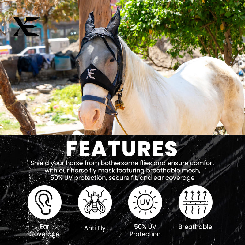 XE Horse Fly Mask with Ears - Breathable Mesh Horse Mask for UV Protection and Horse Flies, Standard Equestrian Black Horse Fly Mask (Cob, M) Cob (M) Black - BeesActive Australia