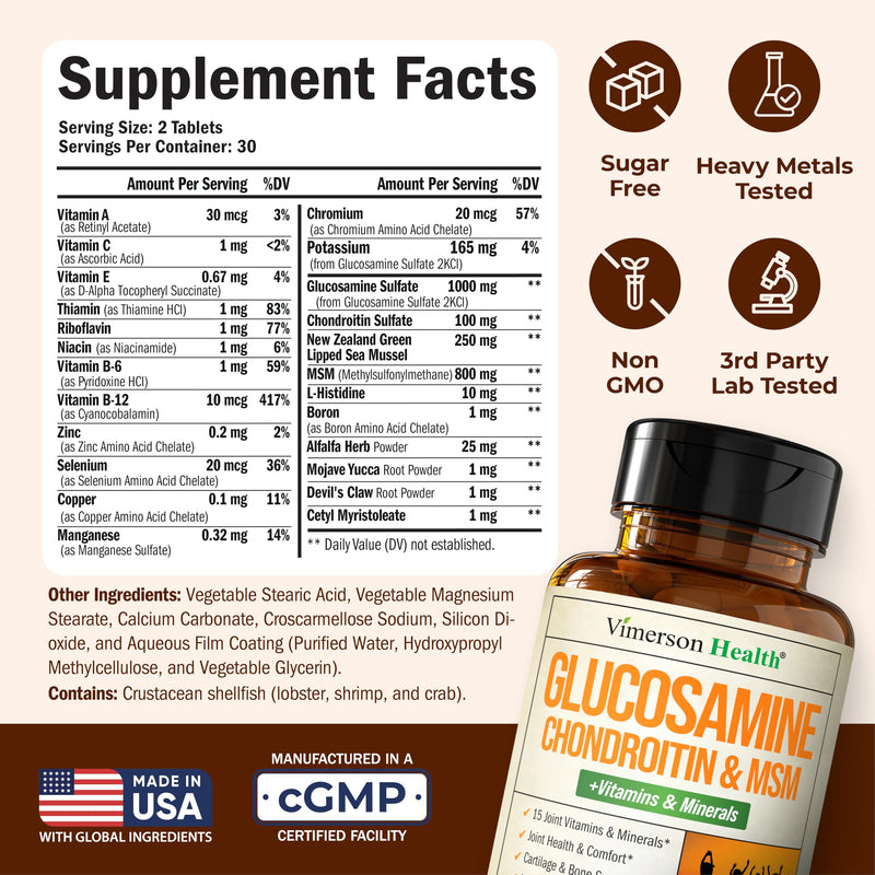 Glucosamine Chondroitin MSM – Advanced Joint Supplements for Women and Men w/Multivitamins & Minerals - Glucosamine Sulfate 1000mg, Chondroitin Sulfate & MSM for Cartilage & Joint Support – 60 Tabs Glucosamine + Vitamins & Minerals