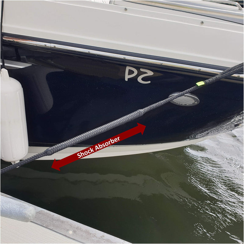 Shockline 1/2 Inch Dock Line with Integrated Shock Absorber, Double Braided, Polyester, 15, 25, 35 FT, Hand Spliced 12" Eye, Black 1/2" x 15' - BeesActive Australia