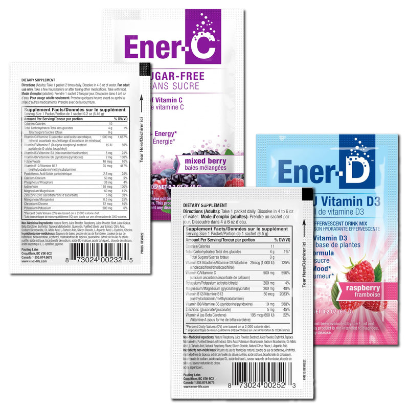 Ener-C Mixed Berry & Ener-D Raspberry Multivitamin Drink Mix, 54 Count | Vitamin Powder for Water, Electrolytes Powder, Hydration Boost Packets, Zero Sugar, Vitamin C & D3 60 Count (Pack of 1)