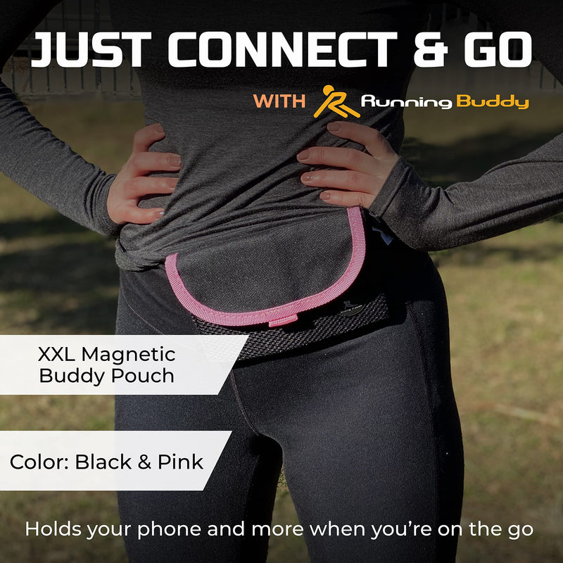 Running Buddy Unisex Running Fanny Pack - Men & Women | Walking, Traveling Waist Pack | Beltess, Chafe & Bounce Free | Water-Resistant & Magnetic Closure | L, XL, XXL | Black or Black & Pink