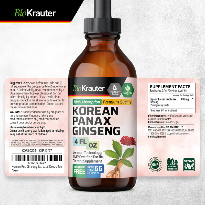 BIO KRAUTER Korean Red Ginseng Extract Liquid - Alcohol & Sugar Free Panax Ginseng Supplement - Vegan Immune Support Supplement - 4 Fl. Oz. 4 Fl Oz (Pack of 1)