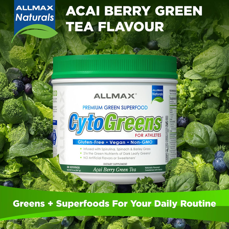 ALLMAX CytoGreens Super Greens Powder, Acai Berry Green Tea, 30 Servings | Supports Daily Wellness, Promotes Digestive Health, Superfood Greens Blend, Digestive Enzymes, Vegan