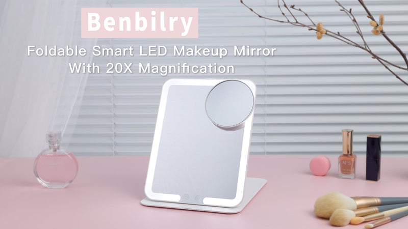 Benbilry Foldable Travel Makeup Mirror with Lights & 20X Magnifying, White