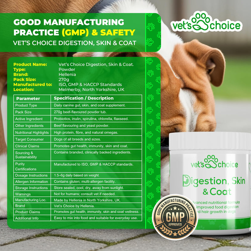Dog Digestion Supplement - Digestion, Skin & Coat Powder - 270g | Vet's Choice - GMP Certified | Digestive balance, skin & coat maintenance | UK Made Dog Supplement, Mix in with Food (Beef Flavour)