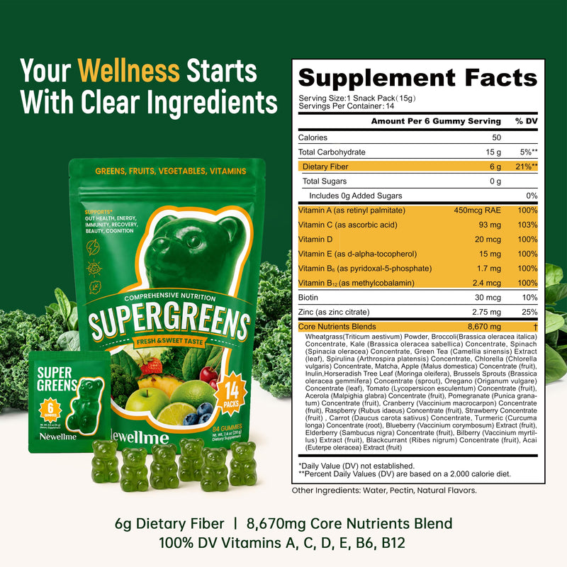 Super Greens Gummies, Digestive Health Support, 28 Daily Packs | 0g sugar super greens gummies with 6g dietary fiber, daily vitamins, and an 8,670mg Core Nutrients Blend for easy routines 6 Count (Pack of 28)