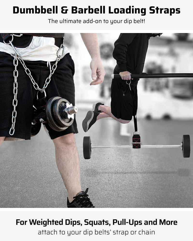 Dumbbell & Barbell Loading Straps | Attachment Straps for Dips, Pullups, Squats | Ultra Strong, Heavy Duty & Secured | Attach any Dumbbell & Barbell to any Dip Belt | 8” & 6” Straps Included