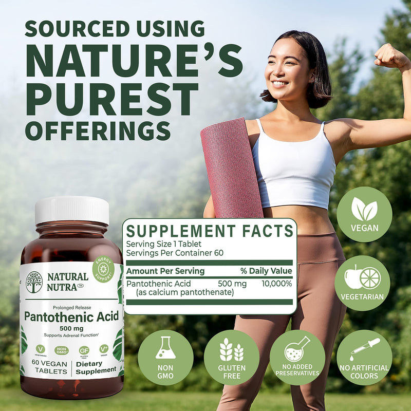 Natural Nutra Time Release Pantothenic Acid 500 mg, 60 Vegan Tablets (2pk) | Vitamin B5 Supplement Helps Break Down Fat & Carbohydrates, Metabolism & Energy, Improve Muscle Health, Reduce Skin Spots 60 Count (Pack of 2)