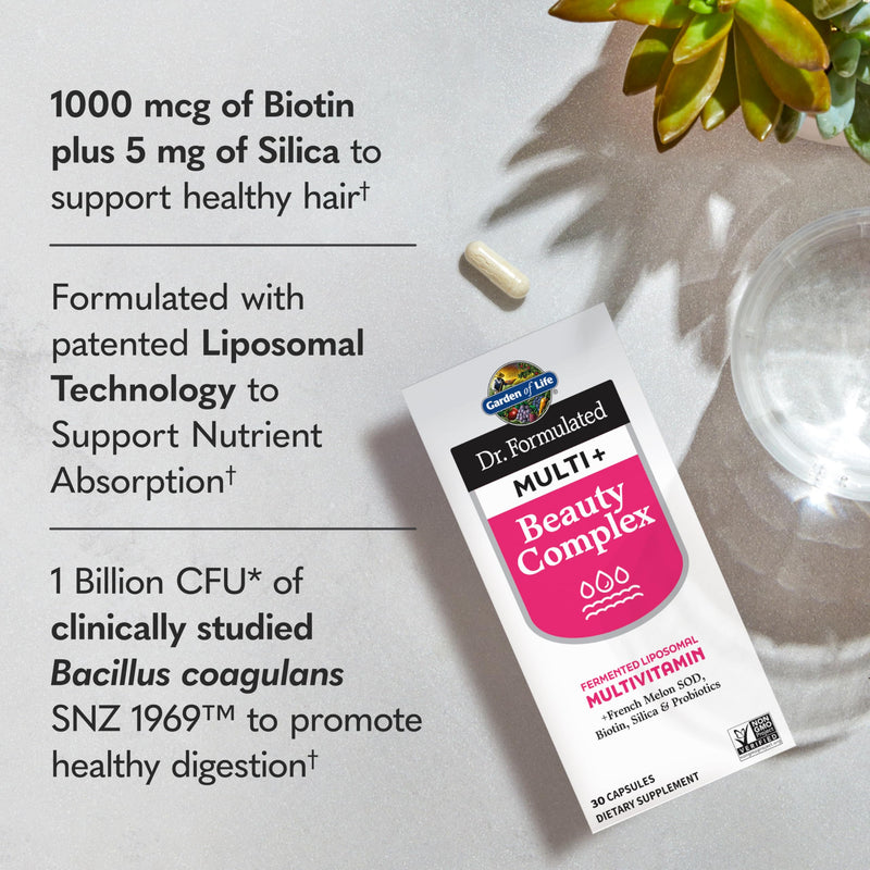 Garden of Life Dr Formulated Multi+ Beauty Complex Fermented Liposomal Multivitamin Plus Hair Skin and Nails Vitamins, French Melon SOD, Biotin & Probiotics, 30 Capsules, Supplement for Women & Men