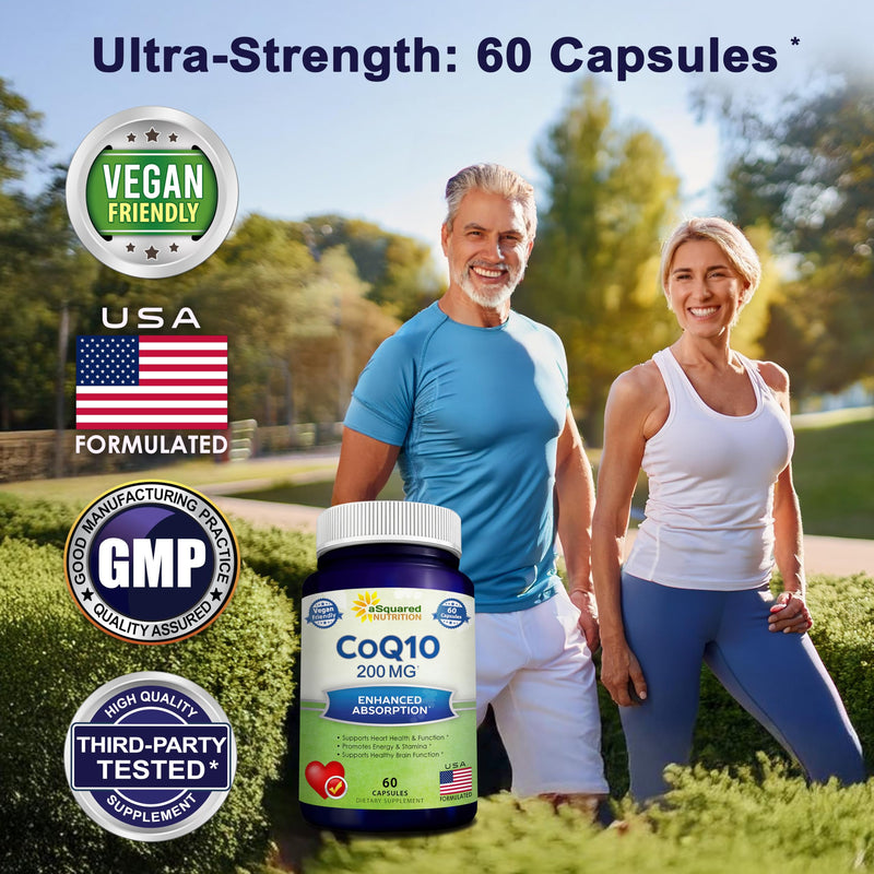 CoQ10 200mg - 60 Capsules - Co Q 10 Supplement - Coenzyme Q10 Pills - CQ10 | Extra Strength CoQ 10 - High Absorption Ubiquinone Powder - CO Q-10 Enzyme Alternative to Gummies & Softgels 60 Count (Pack of 1)