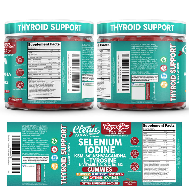 ThyroGlow Thyroid Support Gummies Selenium Iodine KSM 66 Ashwagandha L Tyrosine Vitamin D, C, B12, B6 Turmeric Blueberry Holy Basil Folate Bladderwrack By Clean Nutra