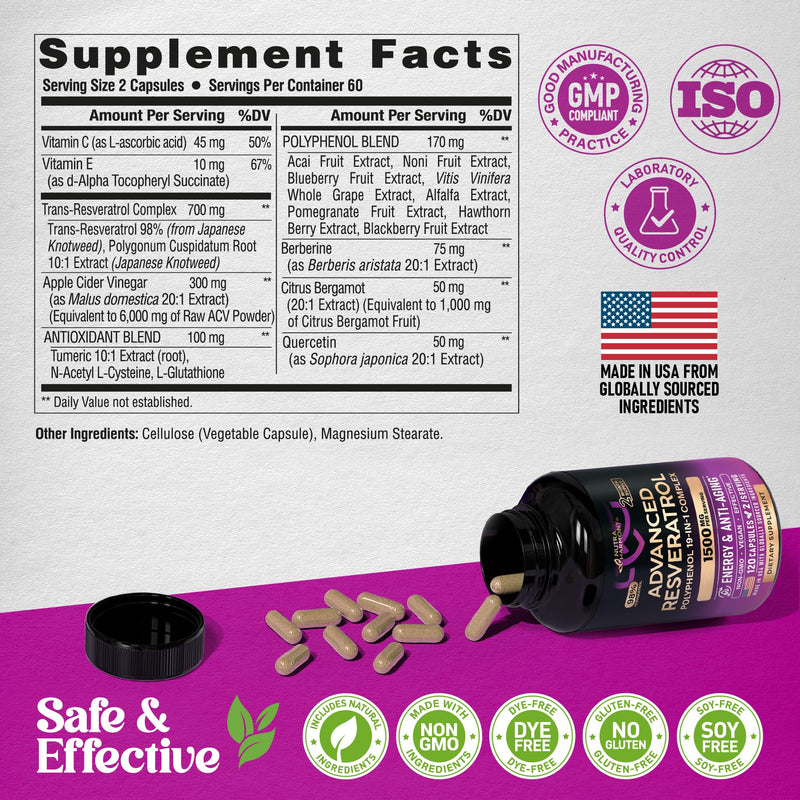 Resveratrol Supplement - 19-in-1 Organic Polyphenol Complex - Noni Extract | Berberine | Quercetin | Apple Cider Vinegar | Acai - Made in USA - Antioxidant & Heart Health Support - 120 Capsules