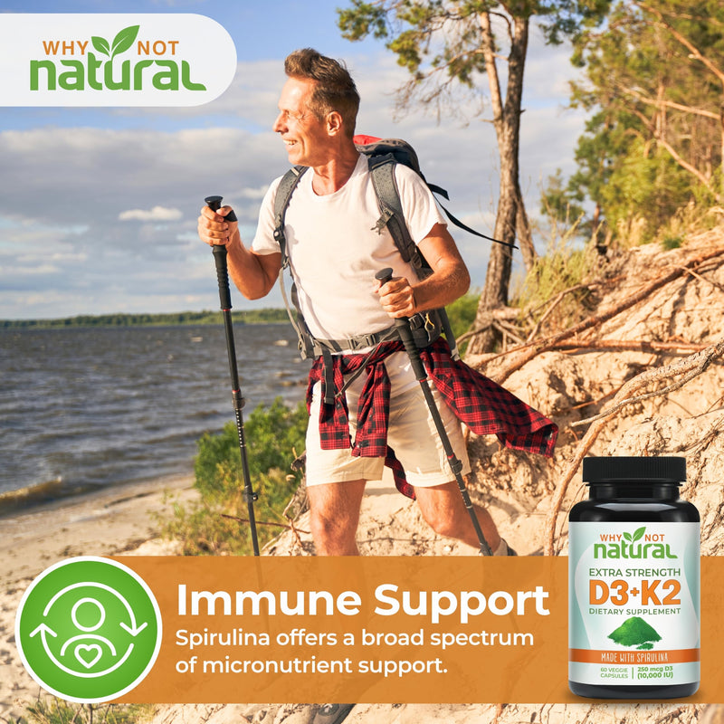 Why Not Natural Vitamin D3 K2 (MK-7) with Spirulina, 10000 IU Extra Strength Supplement in Veggie Capsules, Supports Bone Health, Immune System and Mood