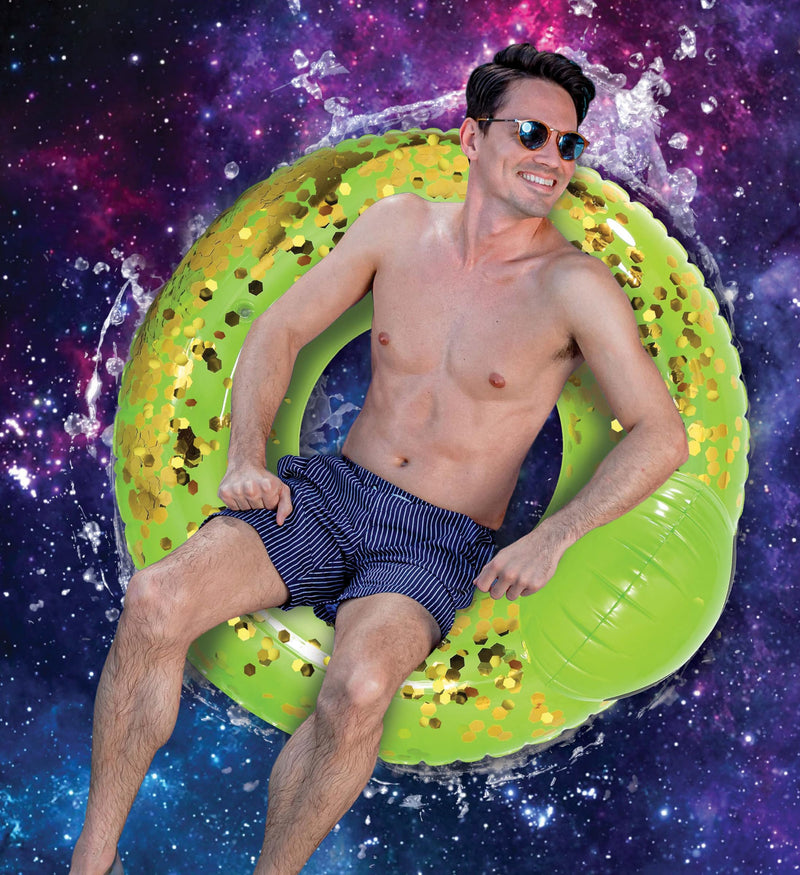POZA Inflatable Alien Pool Float Tube - Heavy Duty Vinyl UV Resistant Confetti Pool Alien Floatie, Cool Pool Float Swim Ring Pool Inflatables for Kids, Adults for Beach, Party, Vacation Green Gold