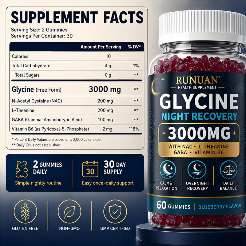 Glycine Gummies 3000mg Sleep Support with NAC, L-Theanine, GABA & B6, 60 Ct | 3g Glycine Supplements for Sleep Support, Nerve & Brain Health, Non-GMO, Sugar Free, Vegan, Blueberry Flavor