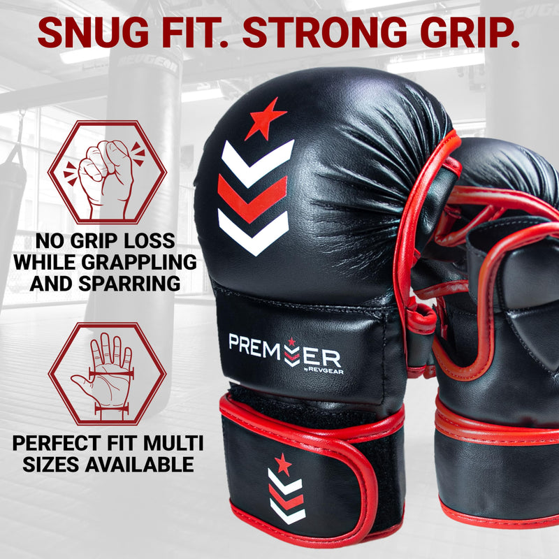 Revgear 7Oz MMA Gloves: Premium Faux Leather Workout Gloves for Men & Women, Ideal for Boxing, Muay Thai, Martial Arts, Sparring, and Heavy Bag Training. Red/Black Small