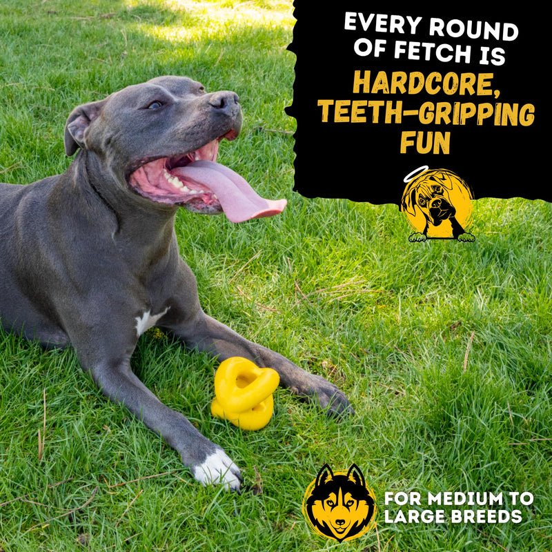 Indestructible Ring Ball - Lifetime Replacement - for Aggressive Chewers, Medium Large Breed - Non-Toxic Natural Rubber Dog Toys - Butter Scent, Yellow (Highly Visible Color for Dogs) - 4.5” - BeesActive Australia
