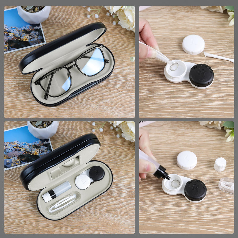 2 in 1 Contact Lens Case and Glasses Case,Double Sided Dual Use Design with Mirror, Tweezer and Contact Lens Solution Bottle,Portable Soak Storage Kit for Travel,Office(Black) Black