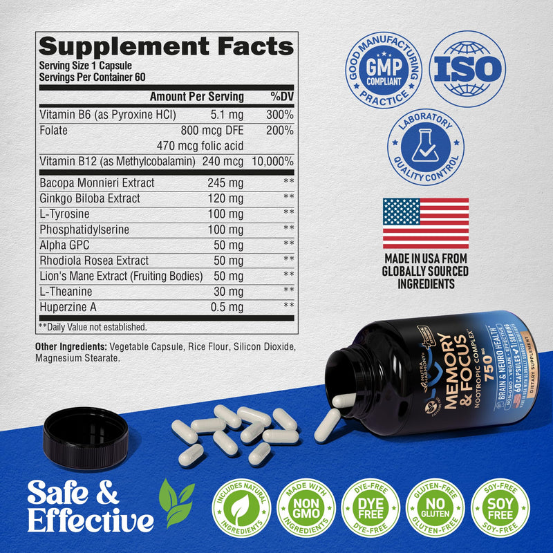 Brain Supplement for Memory & Focus 750 mg - Magnesium | L-Theanine | Bacopa Monnieri | Ginkgo Biloba | Lions Mane - 12in1 Nootropic Complex for Neuro Health - Caffeine-free - Made in USA, 60 Capsules - BeesActive Australia