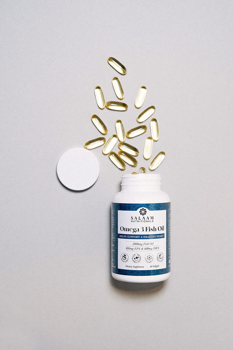 Salaam Nutritionals Halal Fish Oil, Burpless, Omega 3 DHA+ EPA 2,000mg for Heart, Eye, Brain and Joint Health.
