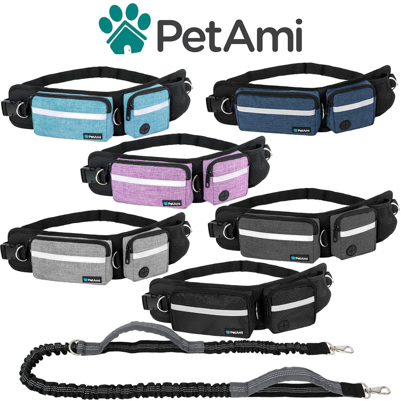 PetAmi Hands Free Dog Leash, Running Leash Belt Bag for Walking, Jogging, Waist Double Zipper Pouch with Poop Dispenser, Dual Padded Handles Reflective Bungee Single, Purple, 1 Leash - BeesActive Australia